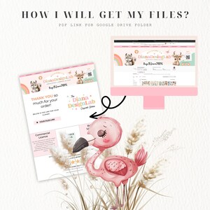 May include: A pink flamingo illustration with a pink background. The text "DianaDesignLab" is on the website in the background. The text "Buy 5 Save 70%" is also on the website. The text "Thank you so much for your order!" is on the website. The text "Below is the link for your clipart" is on the website. The text "Your files link" is on the website. The text "Commercial Licence" is on the website.