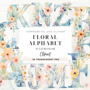Imágenes prediseñadas del alfabeto de flores, letra de doodle del alfabeto de verano retro, alfabeto floral de acuarela, letra floral, pngs de Kawaii, uso comercial