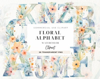 Flower Alphabet Clipart, Retro Summer Alphabet Doodle Letter,  Watercolor Floral Alphabet, Floral Letter, Kawaii Pngs, Commercial Use