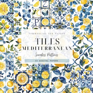 Mediterranean Tiles Seamless, Blue and White, Lemon, Bougainvillea, Junk Journaling, Amalfi Coast, Portuguese Azulejo Ceramic Tiles