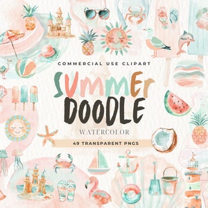 Clipart Doodle estivo, ClipArt stagionale, Download istantaneo, Spiaggia dell'acquerello, Sole, Gelato, Infradito, Vacanze, Uso commerciale
