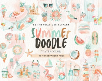 Summer Doodle Clipart, Seasonal Clip art, Instant Download, Watercolor Beach, Sun, Ice Cream,Flip Flops, Vacation, Commercial Use