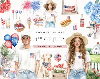 4th July Clipart Watercolor, Instant Download, Sublimation, Watercolor Americana Girl Clipart, Dog, Independence Day Printable, America Day