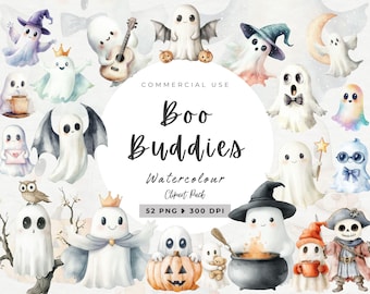 Lindo fantasma, clipart, uso comercial, clipart de fantasma boho, fantasma de acuarela, fantasma minimalista, Halloween espeluznante, calabaza, fantasma divertido, digital