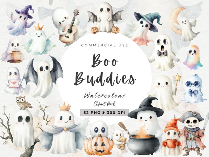 Puede incluir: Un conjunto de 52 ilustraciones de fantasmas de acuarela en formato PNG, perfectas para proyectos de Halloween. Los fantasmas est&aacute;n en varias poses y expresiones, algunos con alas, sombreros y otros accesorios. El conjunto incluye una variedad de colores, incluyendo blanco, azul, rosa y morado.