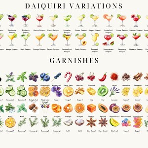 May include: A watercolor illustration of different daiquiri variations with garnishes. The daiquiris are arranged in rows with their names below each one. The garnishes are arranged in rows with their names below each one.