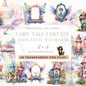 Akwarelowe Bajkowe Kliparty Domy Fantasy, Akwarelowe Domki Wróżek Kliparty, Pastelowe Akwarelowe Kliparty,