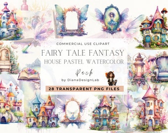 Op de afbeelding: Een set van 28 aquarel illustraties met pastelkleurige sprookjeshuizen, grillige details en magische elementen. De illustraties zijn perfect om een vleugje fantasie aan je ontwerpen toe te voegen.