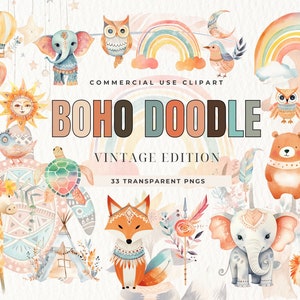 Boho Baby watercolor Clipart, Nursery Animal Clip Art, Newborn Boho Kid Doodle, Baby Shower PNG, Moon Child, Cute Animal, Vintage Peach