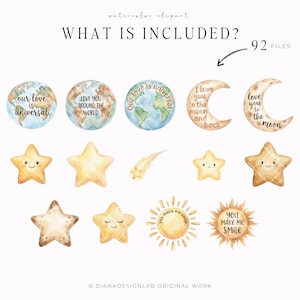 May include: Watercolor clipart set featuring celestial elements like planets, moons, stars, and suns. Each element has a unique design with phrases such as "Our love is universal" and "You make me smile." The set includes 92 files.