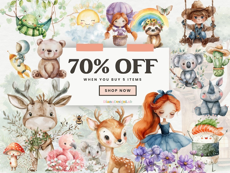 May include: A watercolour illustration featuring a variety of cute animals, including a deer, a bear, a koala, a sloth, a rhinoceros, a mushroom, a flamingo, a butterfly, a sun, a rainbow, a hot air balloon, a girl, a boy, and a sushi roll. The illustration includes the text "70% OFF WHEN YOU BUY 5 ITEMS SHOP NOW".
