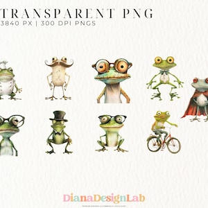 Puede incluir: 21 ilustraciones digitales de ranas con diferentes accesorios, como gafas, sombreros y un gorro de cocinero. Las ranas son verdes con manchas marrones y est&aacute;n representadas en un estilo de dibujos animados.