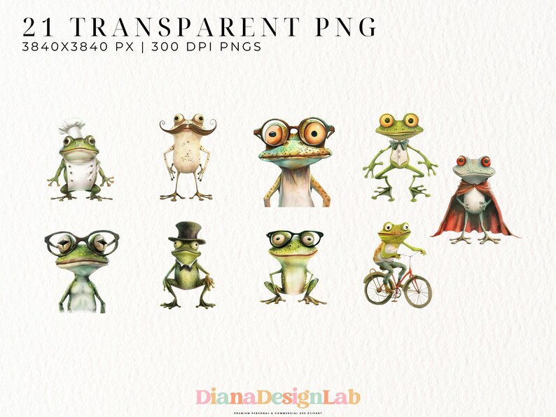 Puede incluir: 21 ilustraciones digitales de ranas con diferentes accesorios, como gafas, sombreros y un gorro de cocinero. Las ranas son verdes con manchas marrones y est&aacute;n representadas en un estilo de dibujos animados.