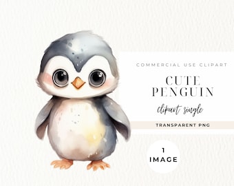 Cute Penguin Clipart Watercolor, SINGLE IMAGE, Digital Download, Nursery Clip Art, Paper Craft, Winter Animals, Watercolor, Baby Shower