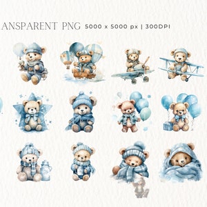 May include: A set of 58 watercolor illustrations featuring cute teddy bears in various poses and settings. The bears are wearing blue and white clothing and accessories, and some are holding balloons, stars, or airplanes. The illustrations are perfect for creating baby shower invitations, cards, or scrapbook pages.