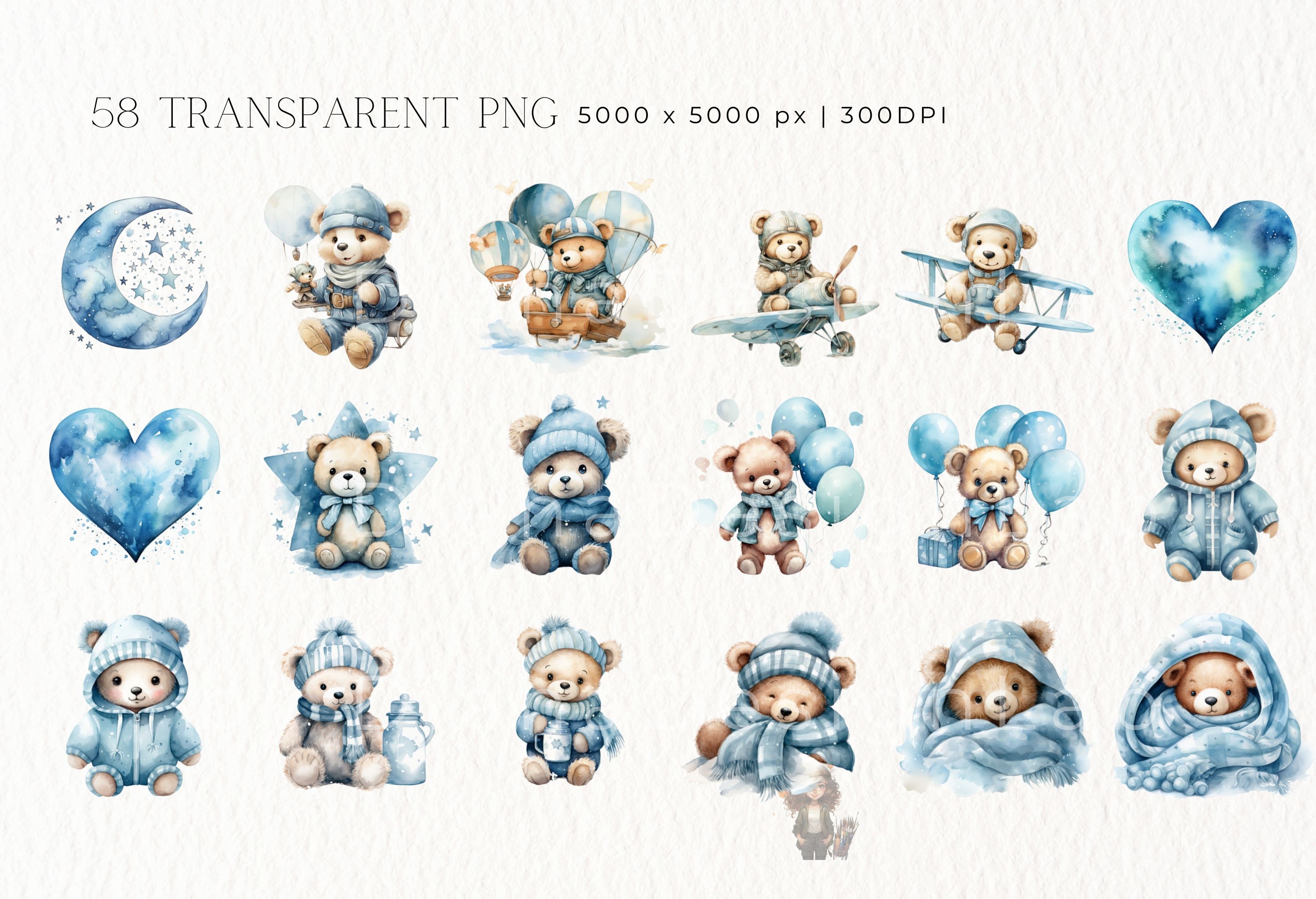 Watercolor Teddy Bear Clip Art Clipart Pack, Baby Shower for a Boy ...