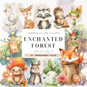 Clipart Forêt enchantée, art pour chambre d'enfant, art mural, usage commercial, animaux mignons, nature, aquarelle de jardin féerique, forêt magique fantastique