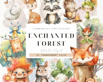 Enchanted Forest Clipart, Sztuka w przedszkolu, Sztuka ścienna, Użytek komercyjny, Słodkie zwierzęta, Natura, Akwarela w ogrodzie wróżek, Magiczny las fantasy