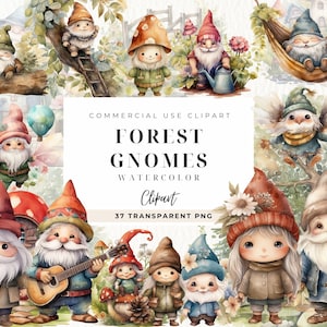 Clipart di gnomi della foresta dell'acquerello, gnomo da campeggio, uso commerciale, clip art di gnomo da giardino, scena del bosco, immagine digitale della casa dei funghi