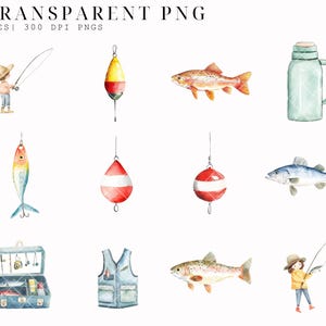 May include: A set of 41 watercolor illustrations of fishing themed items. The illustrations include a fishing rod, a fishing lure, a fishing bobber, a fishing vest, a fishing tackle box, a fish, and a thermos.