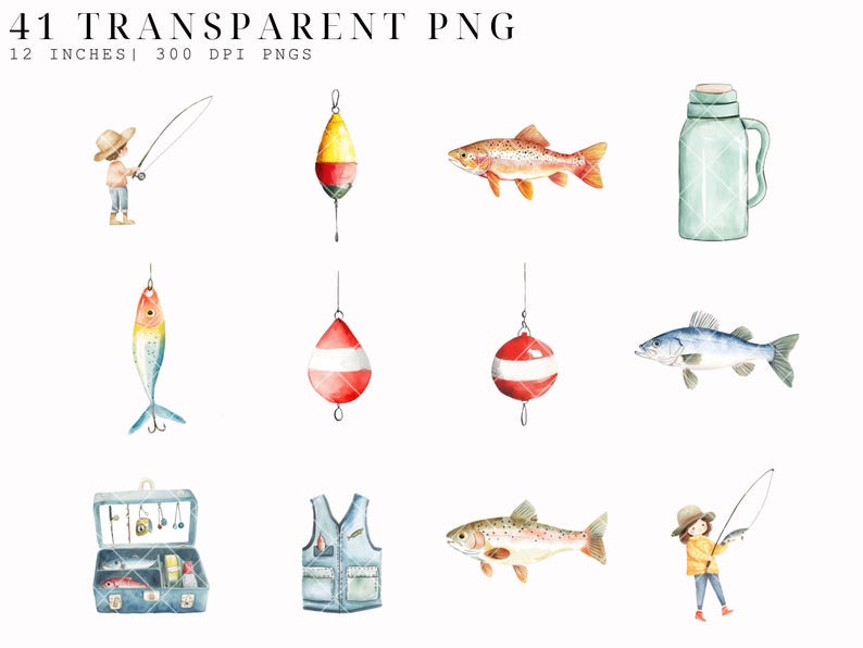 May include: A set of 41 watercolor illustrations of fishing themed items. The illustrations include a fishing rod, a fishing lure, a fishing bobber, a fishing vest, a fishing tackle box, a fish, and a thermos.