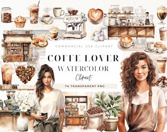 Watercolor Coffee Lover Clipart, Coffee Drinks Clip art, Barista, Expresso, Coffee Shop, Latte, Cappuccino Cup, Coffee PNG, Commercial Use