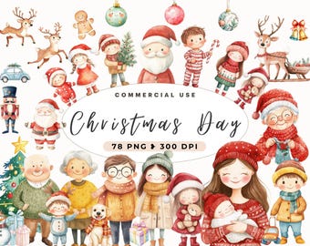 Peut inclure: Un ensemble d'illustrations aquarelle représentant divers personnages et objets de Noël, notamment le Père Noël, des rennes, un bonhomme en pain d'épices, un casse-noisette, un sapin de Noël et une famille de personnes. L'ensemble comprend 78 fichiers PNG à 300 DPI.