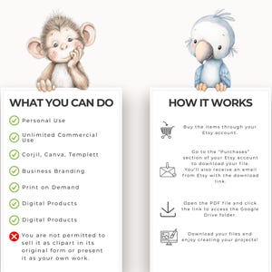 May include: An image with two cartoon animals, a monkey and a bird, above two white rectangular signs. The left sign says "WHAT YOU CAN DO" and lists permitted uses. The right sign says "HOW IT WORKS" and explains the download process.