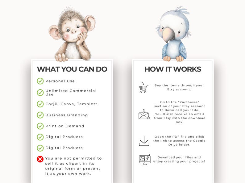 May include: An image with two cartoon animals, a monkey and a bird, above two white rectangular signs. The left sign says "WHAT YOU CAN DO" and lists permitted uses. The right sign says "HOW IT WORKS" and explains the download process.