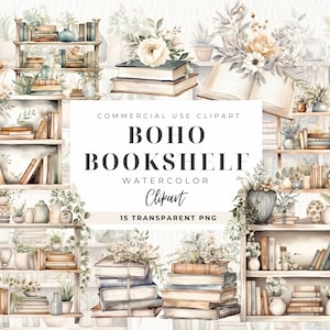 Clipart per librerie, Cottagecore, ClipArt di libri, Amante dei lettori vintage Boho, Lettura di fiori, Acquerello Accogliente, Uso commerciale