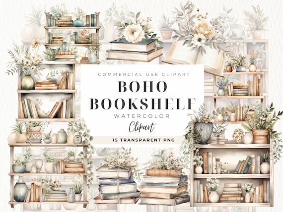 Bookshelves Clipart, Cottagecore, Book Clip Art, Boho Vintage Reader Lover, Reading Flowers, Watercolor Cozy, Commercial Use