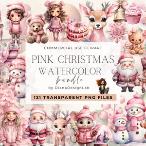 Pacote de clipart de Natal rosa, clipart de Natal em aquarela Clipart de inverno, árvore de natal rosa, quebra-nozes rena boneco de neve balé clipart