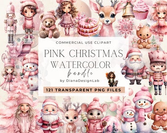 Pink Christmas Clipart Bundle, Watercolor Christmas Clipart Winter Clipart, pink christmas tree, Nutcracker Reindeer Snowman Ballet Clipart