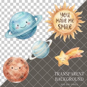 May include: Watercolor illustrations of planets, a sun with the text "You Make Me Smile", and a shooting star. The planets are blue, brown, and striped. The sun is yellow and orange. The shooting star is yellow and orange. The background is transparent.