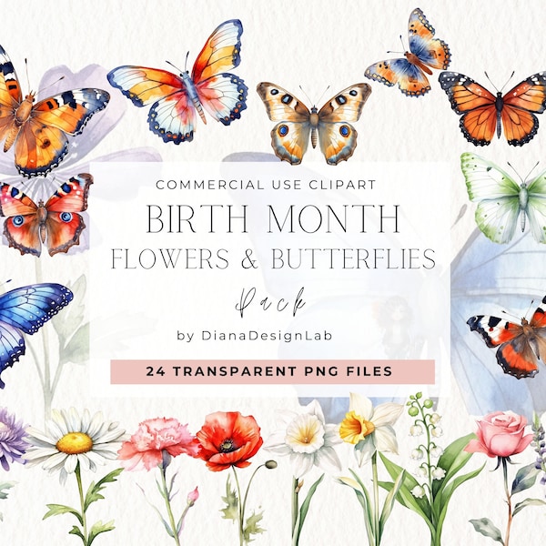 Birth Month Flowers Clipart, Birth Month Butterflies Clipart, Birth Month Flower Clipart Antique Floral PNG, Watercolor Floral, Butterfly