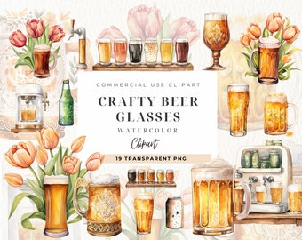 Watercolor Beer Glass Clipart, Digital Download, Beer Flight Png, Beer Mugs, Commercial License, Beer Bottle Png, Junk Journal, Alcohol