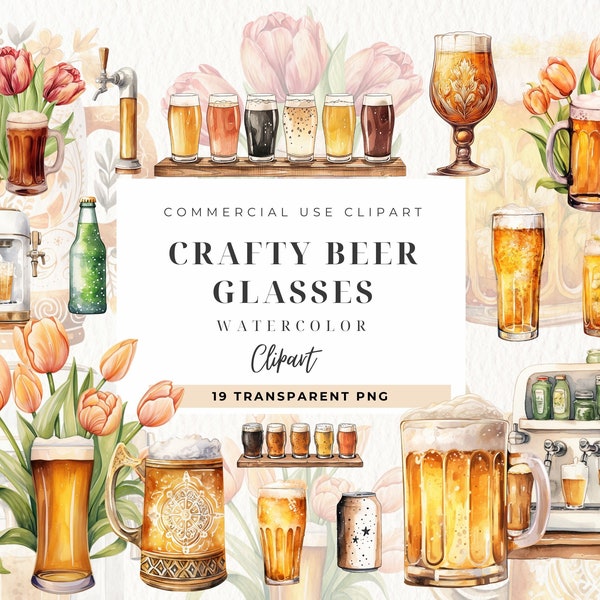 Watercolor Beer Glass Clipart, Digital Download, Beer Flight Png, Beer Mugs, Commercial License, Beer Bottle Png, Junk Journal, Alcohol