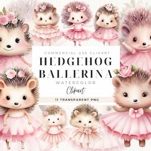 Ballerina Hedgehog Clipart, Ballerina Baby Girl, Dancing Floral Baby Animal PNG, Download istantaneo, Nursery Digital Art, Uso commerciale