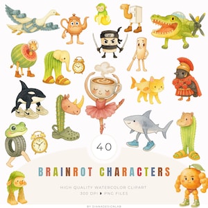 May include: A set of colourful watercolour illustrations of quirky, anthropomorphic characters. The image includes a ninja, a ballerina, a shark, and a rhino. The text "Brainrot Characters" is displayed below the illustrations.
