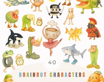 Brainrot Characters Clipart Bundle – 40 Watercolor PNGs, Cute Doodle Nursery Style