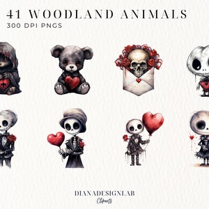 May include: A set of 41 digital illustrations of woodland animals in a gothic style. The illustrations feature skeletons, bears, and other woodland creatures holding hearts and roses. The illustrations are perfect for adding a touch of whimsy and darkness to your projects.