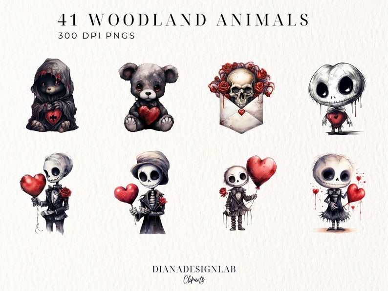 May include: A set of 41 digital illustrations of woodland animals in a gothic style. The illustrations feature skeletons, bears, and other woodland creatures holding hearts and roses. The illustrations are perfect for adding a touch of whimsy and darkness to your projects.