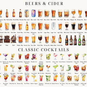 May include: A watercolor illustration of various beer and cider types, including amber ale, cider glass, porter, stout, and wheat beer. The illustration also includes a variety of classic cocktails, such as an Amaretto Sour, a Bramble, a Cosmopolitan, a French 75, a Gin Fizz, a Harvey Wallbanger, a Long Island Iced Tea, a Manhattan, a Margarita, a Mojito, an Old Fashioned, a Paloma, a Singapore Sling, a Tequila Sunrise, a Tom Collins, a Whiskey Sour, and a Zombie.