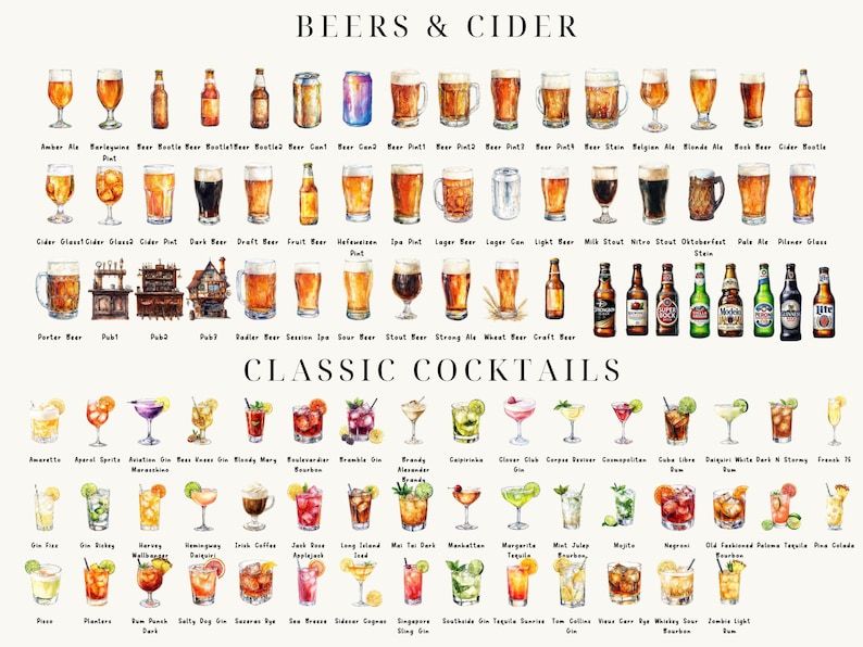 May include: A watercolor illustration of various beer and cider types, including amber ale, cider glass, porter, stout, and wheat beer. The illustration also includes a variety of classic cocktails, such as an Amaretto Sour, a Bramble, a Cosmopolitan, a French 75, a Gin Fizz, a Harvey Wallbanger, a Long Island Iced Tea, a Manhattan, a Margarita, a Mojito, an Old Fashioned, a Paloma, a Singapore Sling, a Tequila Sunrise, a Tom Collins, a Whiskey Sour, and a Zombie.