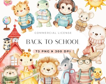 Back to School Animal Clipart Bundle – 73 PNG, Watercolor, School Equipments, 300 DPI