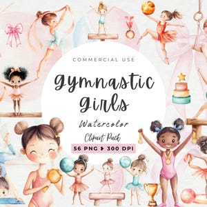 Aquarell Gymnastik Clipart, Akrobatik Grafiken, Gymnastik Mädchen Clipart, rhythmische Gymnastik, Turnerin, Band, Schwebebalken, Ball, Turnhalle