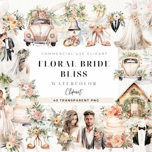 Bundle de cliparts aquarelle florale et mariée, téléchargement numérique, Png de la mariée, éléments des cliparts mariage, robe de mariée, voiture fleurie, usage Commercial