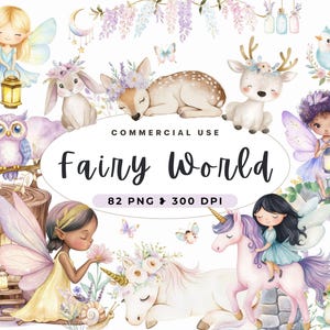 Clipart monde des fées aquarelle, jolie licorne, téléchargement numérique, maison de fée, champignon, lapin, cerf, floral, chambre de bébé magique, usage Commercial