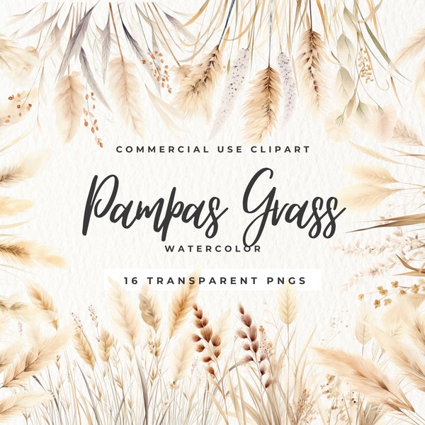 Pampas Grass Clipart, Flor de acuarela, Flores Boho, Primavera de verano, Flor seca, Novia de la selva, Clipart de perlas, Invitación de boda, Comercial