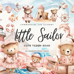 Niedliche Sailor Teddybär Clipart, Rosa Nautische Kindergarten Clip Art, Unter dem Meer, Strand PNG, Geburtstag, Mädchen-Baby-Dusche, Meer Leben, Kommerziell